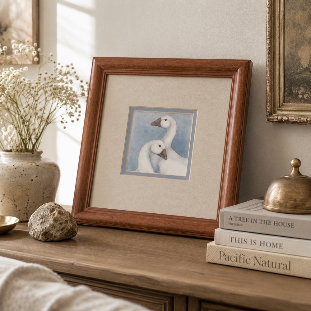 Vintage Framed Swan Watercolor Print Cherry Wood Frame Cottage Wall Art